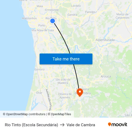 Rio Tinto (Escola Secundária) to Vale de Cambra map