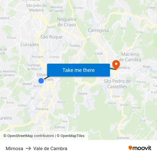 Mimosa to Vale de Cambra map