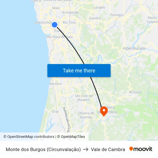 Monte dos Burgos (Circunvalação) to Vale de Cambra map