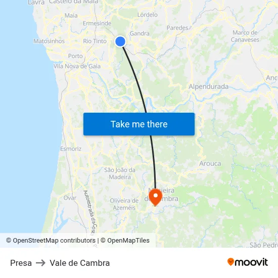 Presa to Vale de Cambra map
