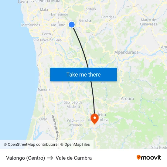 Valongo (Centro) to Vale de Cambra map