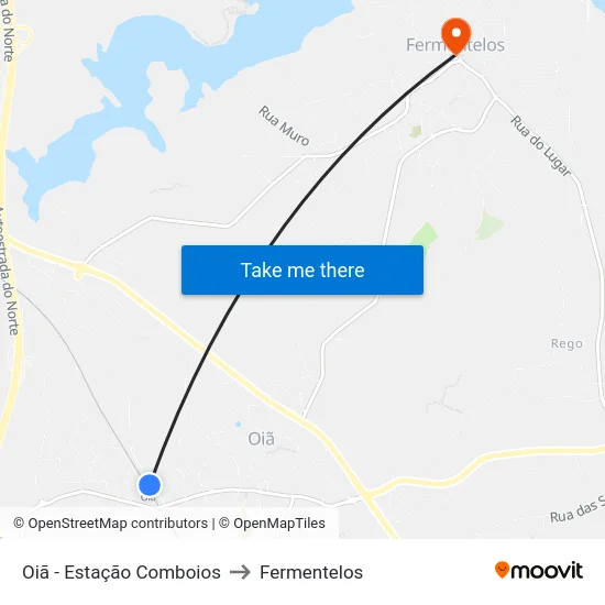 Oiã - Estação Comboios to Fermentelos map