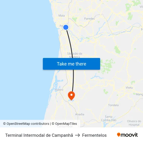 Terminal Intermodal de Campanhã to Fermentelos map