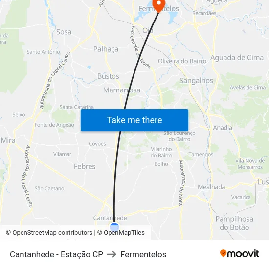 Cantanhede - Estação CP to Fermentelos map