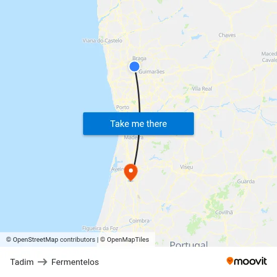 Tadim to Fermentelos map