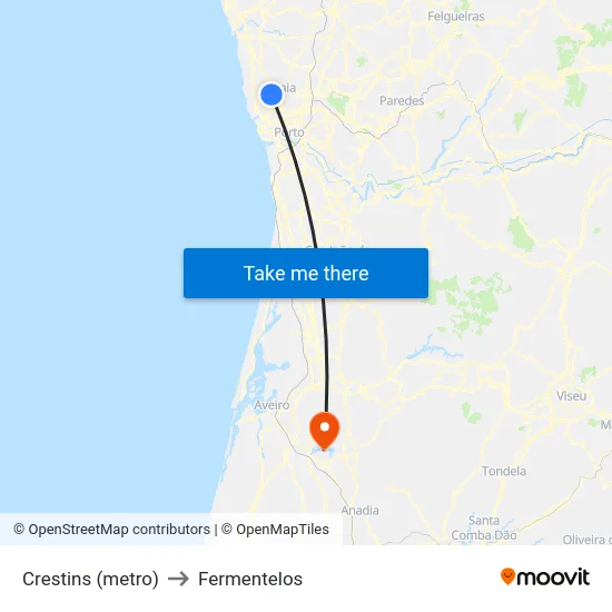 Crestins (metro) to Fermentelos map