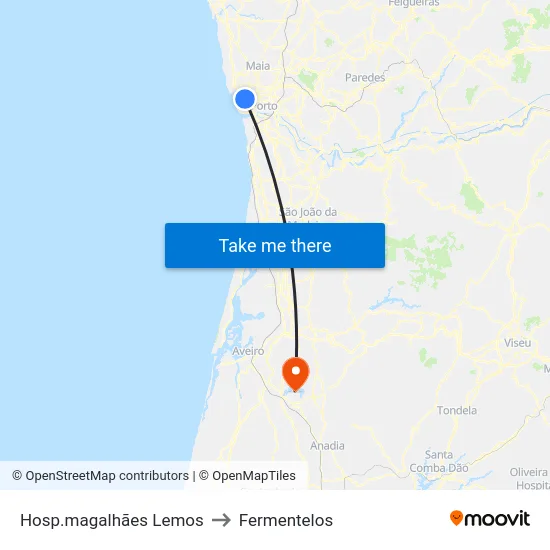 Hosp.magalhães Lemos to Fermentelos map