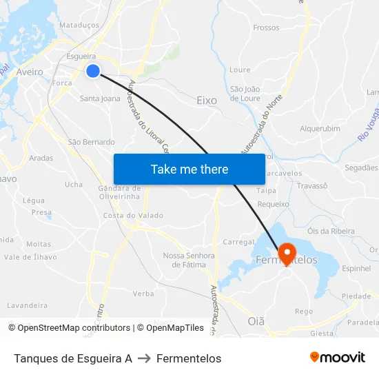 Tanques de Esgueira A to Fermentelos map