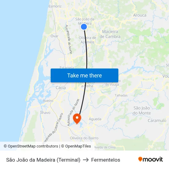 São João da Madeira (Terminal) to Fermentelos map