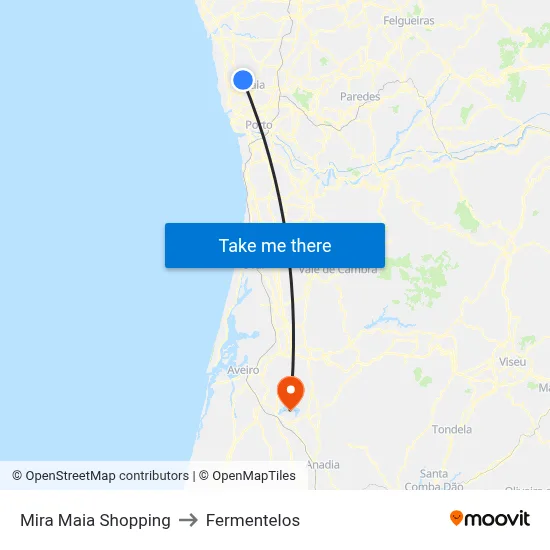 Mira Maia Shopping to Fermentelos map
