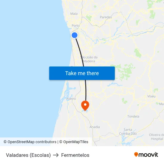 Valadares (Escolas) to Fermentelos map