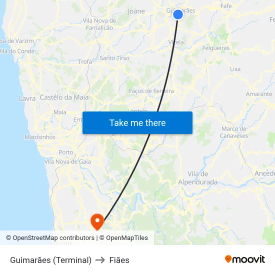 Guimarães (Terminal) to Fiães map
