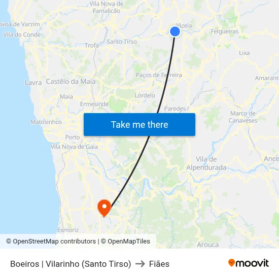 Boeiros | Vilarinho (Santo Tirso) to Fiães map
