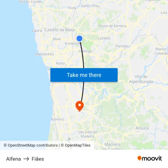 Alfena to Fiães map