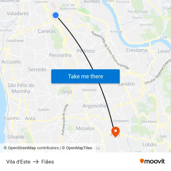 Vila d'Este to Fiães map