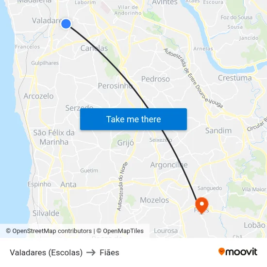 Valadares (Escolas) to Fiães map