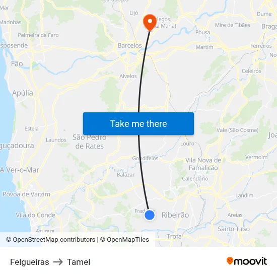 Felgueiras to Tamel map