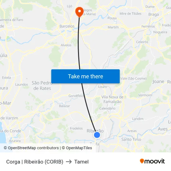 Corga | Ribeirão (CORIB) to Tamel map