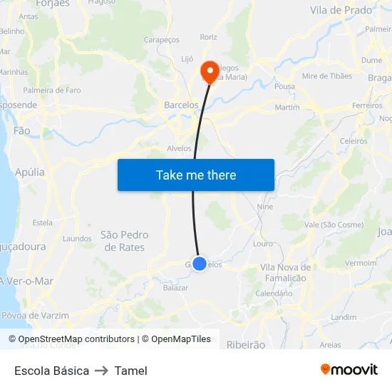 Escola Básica to Tamel map