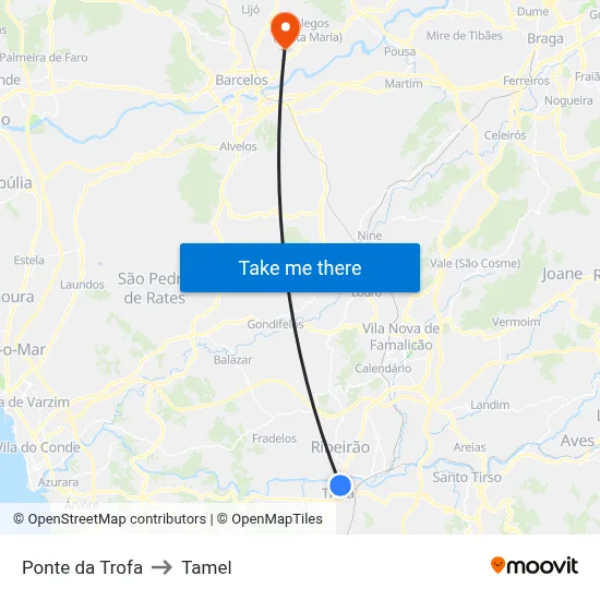 Ponte da Trofa to Tamel map