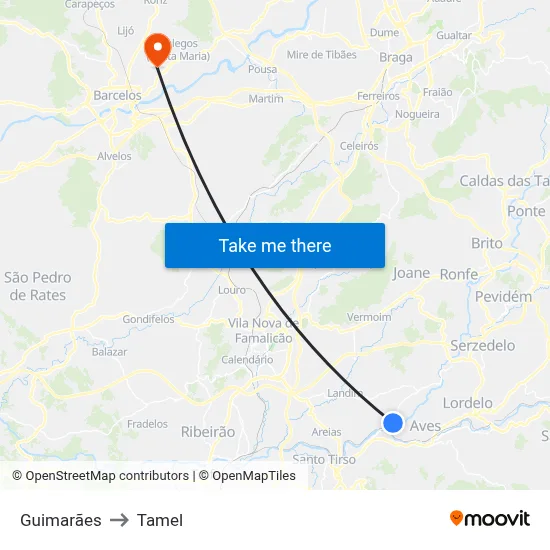 Guimarães to Tamel map