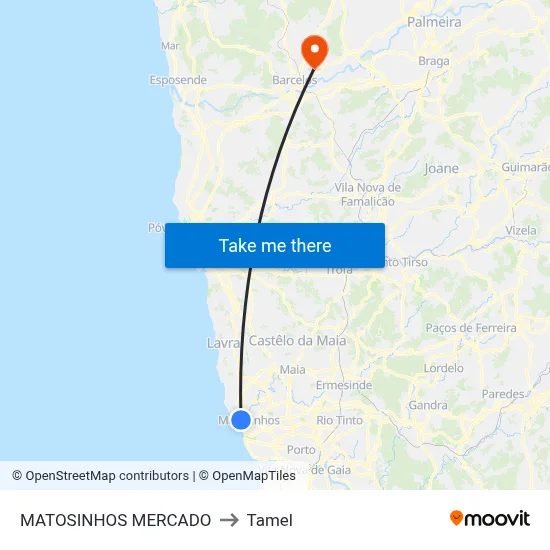 MATOSINHOS MERCADO to Tamel map