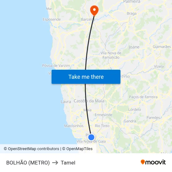 BOLHÃO (METRO) to Tamel map