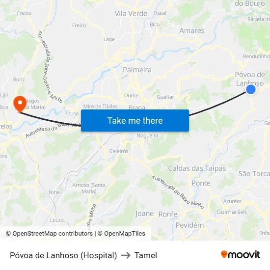 Póvoa de Lanhoso (Hospital) to Tamel map