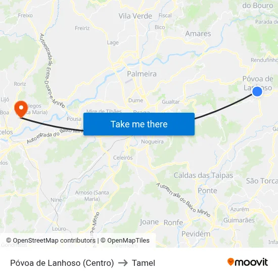 Póvoa de Lanhoso (Centro) to Tamel map