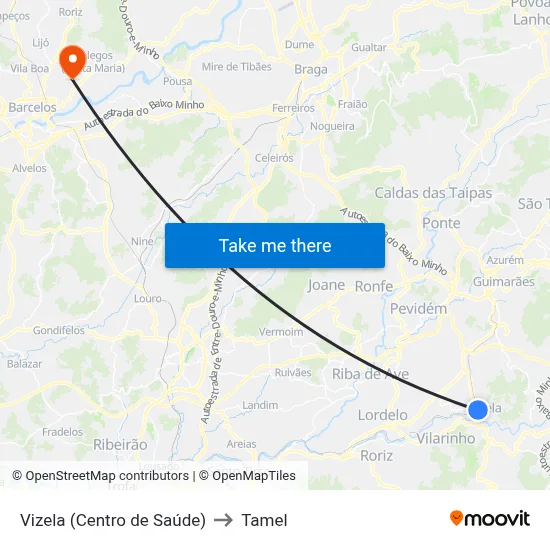 Vizela (Centro de Saúde) to Tamel map