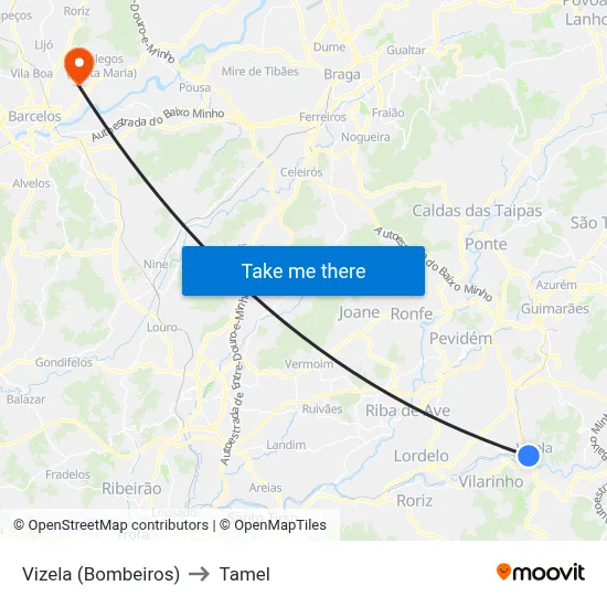 Vizela (Bombeiros) to Tamel map