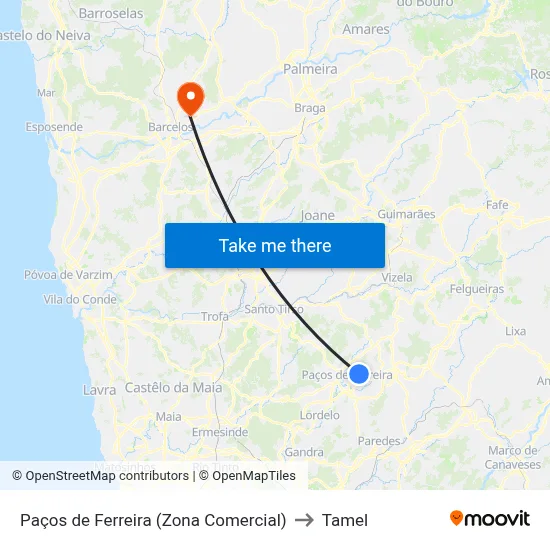 Paços de Ferreira (Zona Comercial) to Tamel map