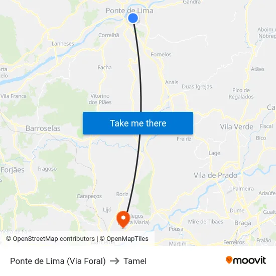 Ponte de Lima (Via Foral) to Tamel map