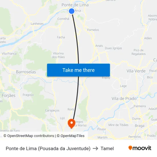 Ponte de Lima (Pousada da Juventude) to Tamel map