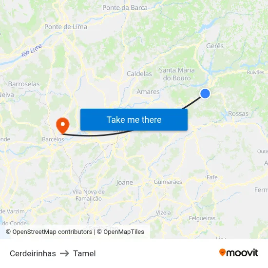 Cerdeirinhas to Tamel map