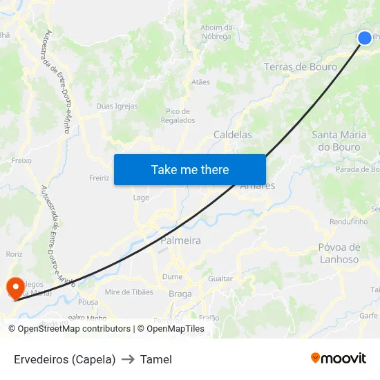 Ervedeiros (Capela) to Tamel map