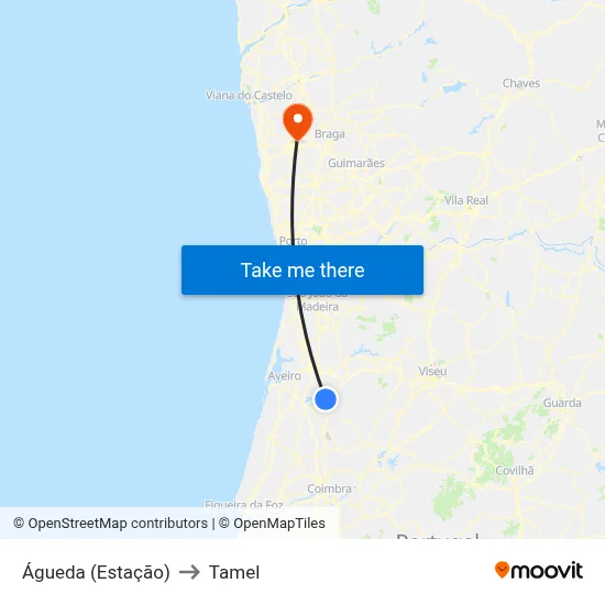 Águeda (Estação) to Tamel map