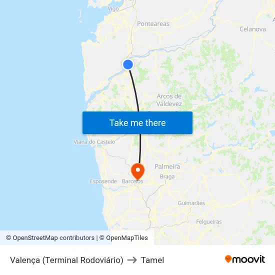 Valença (Terminal Rodoviário) to Tamel map