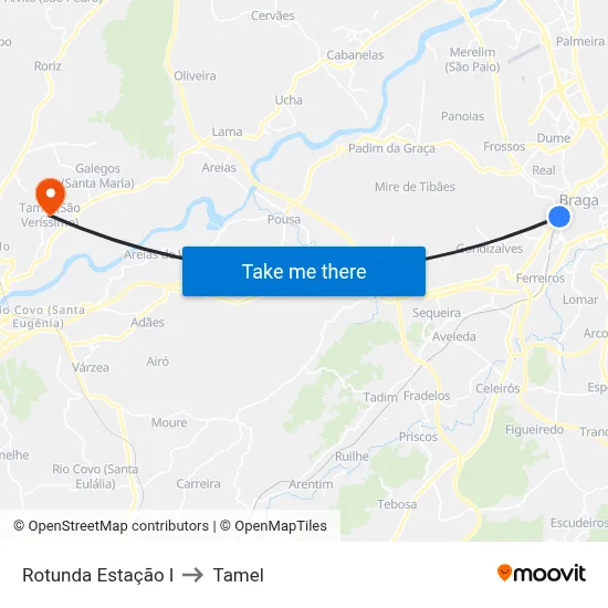 Rotunda Estação I to Tamel map