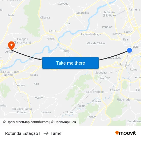 Rotunda Estação II to Tamel map