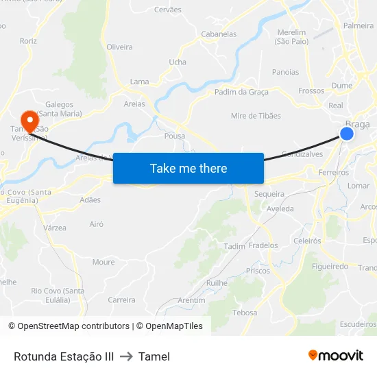 Rotunda Estação III to Tamel map