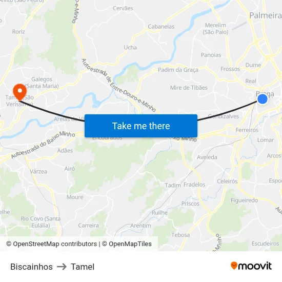 Biscainhos to Tamel map