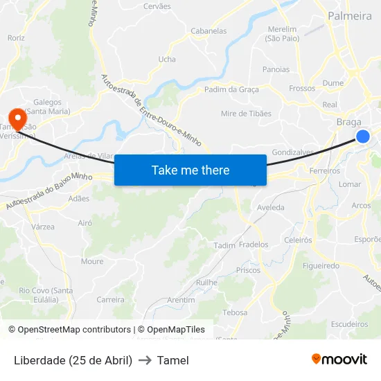 Liberdade (25 de Abril) to Tamel map