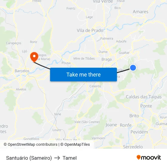 Santuário (Sameiro) to Tamel map