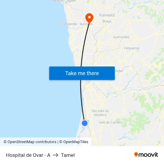 Hospital de Ovar - A to Tamel map