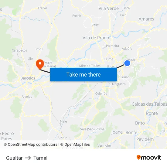 Gualtar to Tamel map