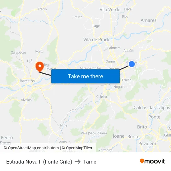 Estrada Nova II (Fonte Grilo) to Tamel map