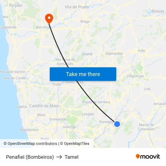 Penafiel (Bombeiros) to Tamel map