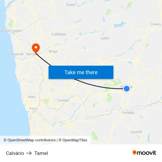 Calvário to Tamel map
