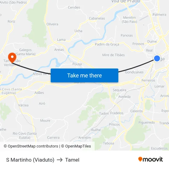 S Martinho (Viaduto) to Tamel map
